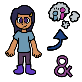 a tan skinned person stands and stares at the camera with a slight smile. they have a blue and purple outfit, indigo eyes, and dark blue hair.  a blue arrow next to them points to a thought bubble with two simple people figures inside, one with the same color as the person's shirt. there's a purple ampersand on the bottom right of the symbol.